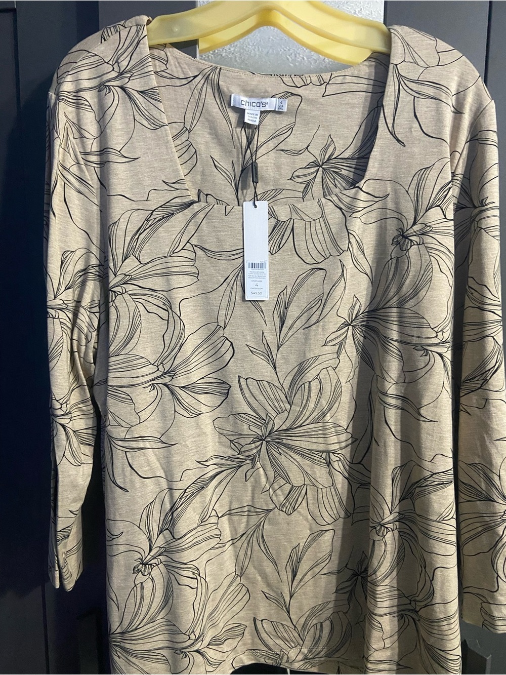 Chico's Beige Top with Black Floral Outline